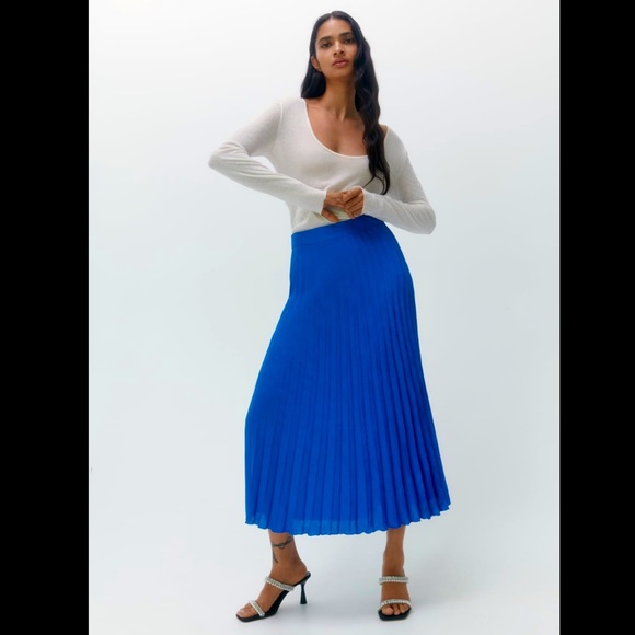 Zara Dresses & Skirts - Zara Blue Satin Effect Pleated Midi Skirt